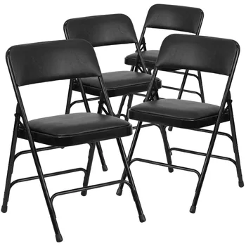 4 Paket HERCULES Serisi Kavisli Üçlü Destekli ve Çift Menteşeli Siyah Vinil Metal Katlanır Sandalye 