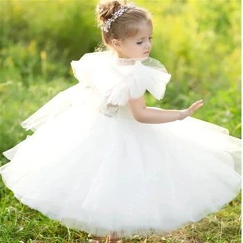 Kabarık Dantel Güzel İlk Communion Elbise Beyaz Doğum Günü Prenses Elbise Çiçek Kız Düğün Parti Topu Rüya Çocuklar Hediye