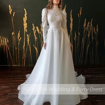 Zarif düğün elbisesi yüksek boyun Bir çizgi uzun tren zarif Prenses gelin kıyafeti Robe De Mariee gelinlik