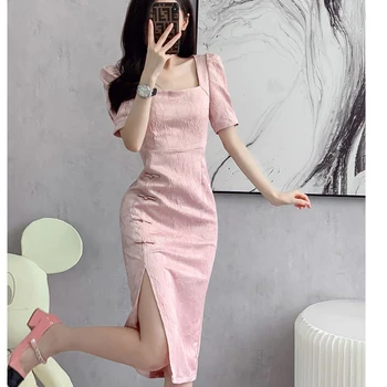 Çince Geleneksel Elbise Cheongsam Chi-pao Slim Fit Kare Boyun Elbise 2023 Yaz Plaka Düğmesi Tasarım Zarif Geliştirme Qipao