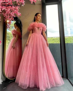 Pembe Tül A-line Abiye Kapalı Omuz Büstü Uzun Prenses Balo Elbise Zarif Dubai Olay Elbise