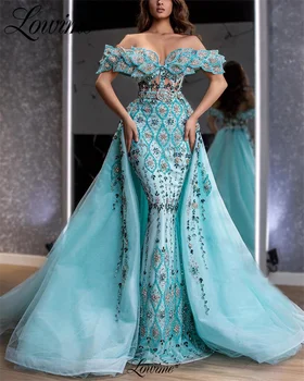 2023 Lüks Kapalı Omuz Abiye Ayrılabilir Tren İle Couture Arapça Kristaller Boncuklu kutlama elbiseleri Düğün Parti Kıyafeti
