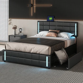LED Işıklı ve USB Şarjlı Döşemeli Platform Yatak, 4 Çekmeceli Saklama Yatağı, Siyah