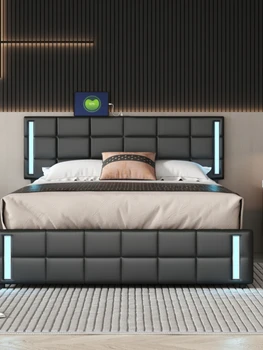LED Işıklı ve USB Şarjlı Döşemeli Platform Yatak, 4 Çekmeceli Saklama Yatağı, Siyah