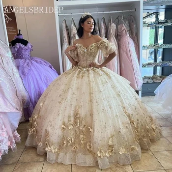 ANGELSBRIDEP Prenses Balo Quinceanera elbiseler Dantel 3D Aplike Kısa Kollu 15 Yaşındaki Kız Porno Doğum Günü Partisi