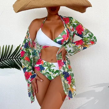 2023 Kadın Mayo Yüksek Bel bikini seti Üç Adet Kadınlar Seksi uzun kollu kılıf Up Mayo Plaj Mayo Mayo