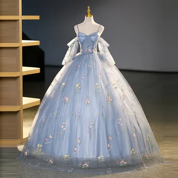 Lüks Zarif Yeni Abiye Zarif Spagetti Kayışı Nakış Çiçekler balo elbisesi Moda Organze Vestido De Quincenera