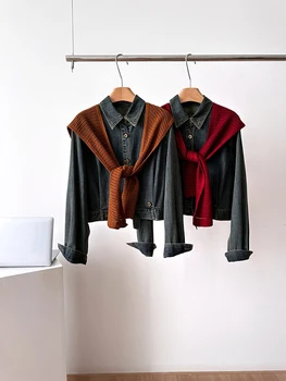 Rahat Gömlek Denim Pamuk Kısa Ofis Bayan Tek Göğüslü Bluzlar Yaka Yaka Patchwork Zarif Y2K Streetwear Yeni Trend