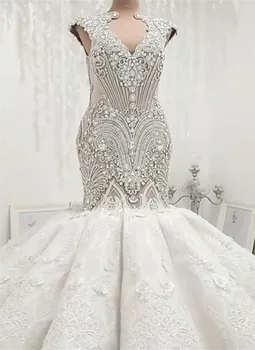 Parlak O-boyun Ağır Kristaller Boncuk Arapça düğün elbisesi 2024 Vestido De Noiva Sereia Cap Kollu Aç Geri gelinlikler