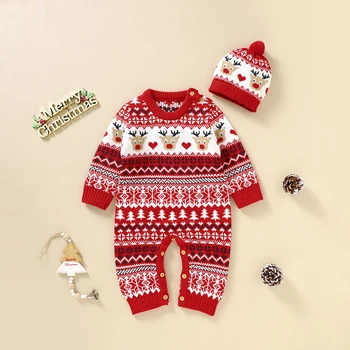 Bebek Noel Tulum Şapka Setleri Kış Kırmızı Uzun Kollu Yenidoğan Erkek Kız Örgü Tulumlar Kıyafetler 0 - 18m Yürümeye Başlayan Tulum giysi