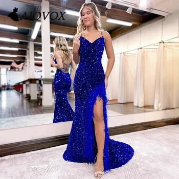 AIOVOX Balo Elbise Zarif Tüy Dantel-up Aç Geri gece elbisesi Basit Pullu Yüksek Yarık Kat uzunlukta Vestido De Noche Kadınlar için