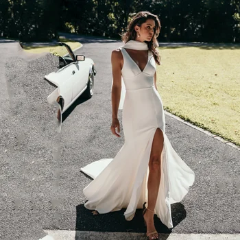 Basit Saten Bir Çizgi düğün elbisesi Halter Kolsuz Beyaz Uzun gelin kıyafeti Kadın Düğmesi Özelleştirmek Ölçülerine Göre Zarif 2023