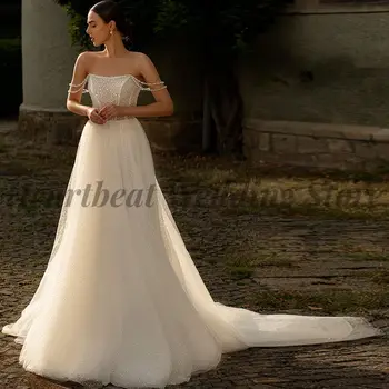 Zarif Spagetti Sapanlar düğün elbisesi Gelinler için 2023 A-Line Sequins Fermuar Geri Straplez ve Mahkemesi Tren Robe De Mariee
