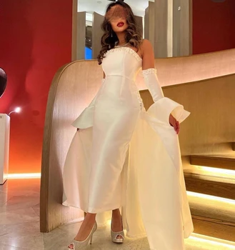Carolina Straplez Suudi Arapça Payetli balo kıyafetleri Ayak Bileği Uzunluğu Uzun Kollu Saten Beyaz Örgün Kadınlar Akşam Parti Elbise