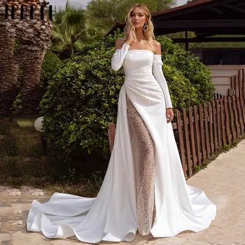 JEHETH Büyüleyici Straplez Saten düğün elbisesi Seksi Yarık Backless Gelin Törenlerinde Uzun Kollu A-Line Custom Made Vestidos De Novia