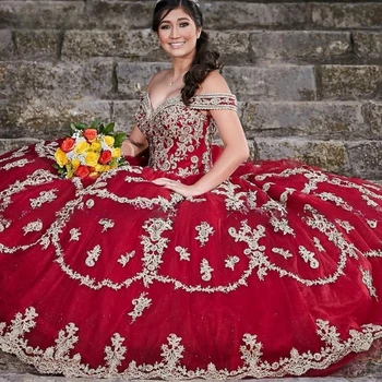 Lüks Kırmızı Quinceanera Elbiseler 2024 Sevgiliye Doğum Günü Partisi Prenses Tatlı 16 Elbisesi Aplikler Pageant Vestidos De 15 Años