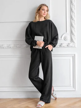 Marthaqiqi Rahat Kadın Pijama Takım Elbise O-boyun Kıyafeti Uzun Kollu Gecelikler Geniş Bacak Pantolon 2023 Yeni Gevşek Bayanlar Ev Giysileri