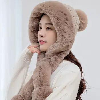 Kadın Kış Sevimli Büyük Yün Kap Tüm Maç Moda Kış Önlük yün üst giyim Tek Parça Şapka Polar Astarlı Sonbahar ve Kış Sıcak Kore