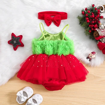 Bebek Kız noel kıyafeti Yenidoğan Noel Baba Romper Elbise Noel Polar Prenses Elbiseler Kafa Bandı ile Kıyafetler