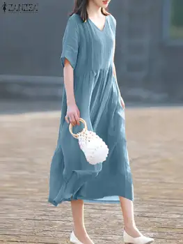 ZANZEA Rahat Gevşek Kısa Kollu Elbise Kadın Moda Katı Maxi Elbise Tatil V Yaka Cep Sundress 2023 Yaz Pilili Elbiseler
