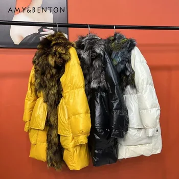 2023 Kış Yeni Moda Sıcak Kalın Faux Fox Kürk Yaka kadın kıyafetleri Orta Uzunlukta Aşağı Ceket Ceket Rüzgarlık Dış Giyim Parkas Üst