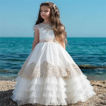 Çiçek Kız Elbise A-line Kısa Kollu Tül Beyaz Dantel Aplike İlk Communion Doğum Günü Balo Parti Düğün Kızlar Pageant