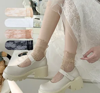 Lolita Tatlı Şeffaf Dantel Örgü Çorap Kadınlar İçin Yaz Siyah Beyaz Orta Tüp Çorap Nefes Kadın Seksi İnce İpek Çorap