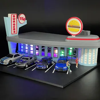1/64 Ölçekli Model Burger Dükkanı Otopark Dioramalar Minyatür Sahne Düzeni Diecast Alaşım Araba Ekran Montaj Modeli