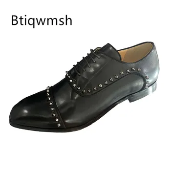 Siyah Lüks Çivili Ayakkabı Adam Kare Ayak Gerçek Deri Perçin Flats Erkek Oxford makosen ayakkabı