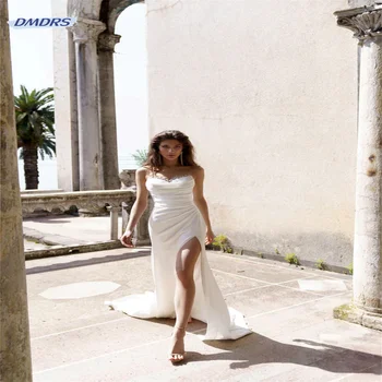 Seksi Straplez Kolsuz düğün elbisesi Basit Süpürgelik Kat uzunlukta gelin kıyafeti Plaj Vestidos De Novia
