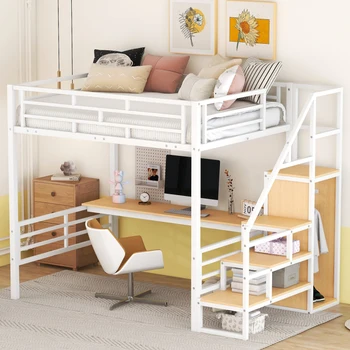 Kapalı yatak odası mobilyaları için Masa, Depolama Merdiveni ve Küçük Gardıroplu Beyaz Tam Boy Metal Çatı Katı Yatak