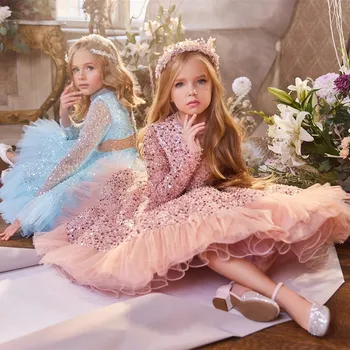 Glitter Sequins Çiçek Kız Elbise Pembe Prenses Elbise Kabarık doğum günü elbiseleri Noel Diz Boyu Sparkly çocuk Önlük