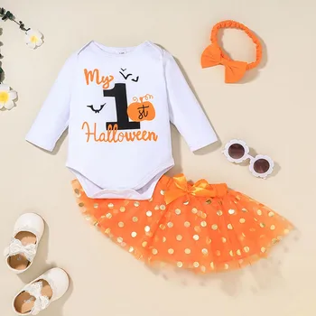 Yenidoğan Kız Bebek Cadılar Bayramı Sevimli Polka Dot Kısa Etek + Cadılar Bayramı Baskılı Üst Ve Yay Headdress Seti Cadılar Bayramı Kostüm Çocuklar İçin