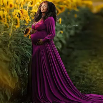 Mor Katı Annelik Photoshoot Elbise Yan Yarık Uzun Kollu balo kıyafetleri Zarif V Boyun Bebek Duş Maxi Elbisesi