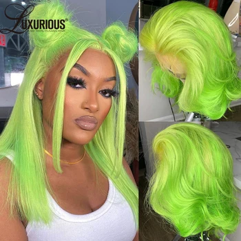 LÜKS Şeker Yeşil Bob Peruk Dantel Ön İnsan Saç Peruk Kısa Dalga Tutkalsız peruk insan saçı Hazır Giyim Dopamin Kıyafet Peruk