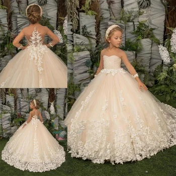 Zarif Çiçek Kız Elbise Çiçek Dantel Aplike Çocuk Düğün Törenlerinde Balo Balo Küçük Prenses İlk Communion Giyim