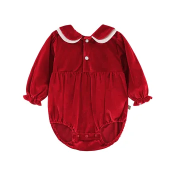 2023 Bebek Kız Tulum Yeni Yıl Bebek Doğum Günü Partisi Kadife Bodysuits Butik Giyim Kız Kırmızı Doğum Günü Çocuk Tulum Giyim