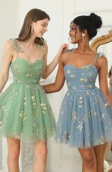 JEHETH Kısa Işlemeli Homecoming Elbise Sapanlar Mini Parti Elbisesi Kızlar ıçin Lace Up vestidos cortos elegantes