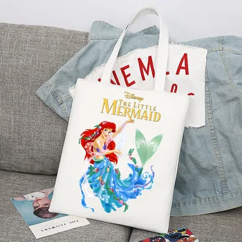 Disney Küçük Denizkızı Erkek Kadın Alışveriş çantaları alışveriş çantası Tote Çanta omuzdan askili çanta keten çantalar Büyük Kapasiteli Kolej Çantası