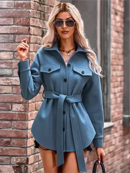 Kadın Moda Yün Ceket Sonbahar Kış Tek Göğüslü Düz Renk Kravat / Bandaj Yün ve Karışımları Mavi Haki Rahat Gevşek Ceketler