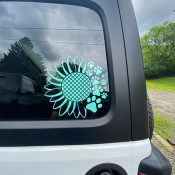 Sevimli Köpek Pençe Ayçiçeği Araba Pencere Çıkartmaları Ve Çıkartmaları, Kalıp Kesim Vinil Su Geçirmez Kendinden yapışkanlı Dekorasyon Aksesuarları