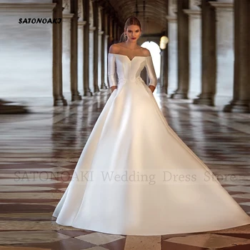 Zarif Basit Kapalı Omuz Saten düğün elbisesi Kadınlar için A-Line Dantel Geri Gelin Kıyafeti Cepler ile Vestido De Novia Mariée