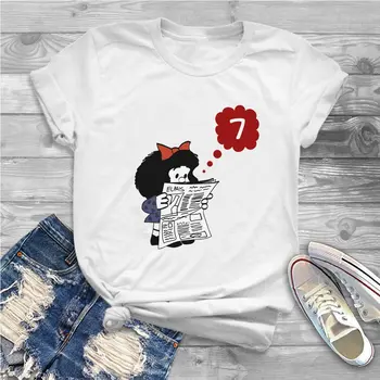 Mafalda Karikatür Kız T Shirt Okuma Gazete Kadın Üstleri Polyester Grafik Komik Y2k Tees Bayanlar Tshirt