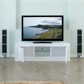 LED ışık TV dolabı, beyaz modern TV rafı, parlak kapı mat dolabı, TV rafı, büyük kapasiteli depolama dolabı ile donatılmıştır