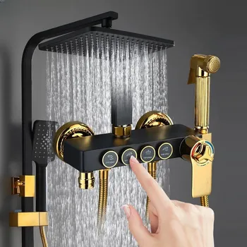 Termostatik Duş Seti Kare Kafa SPA Yağış Duş Sistemi banyo duvarına monte Siyah banyo musluğu Sıcak Soğuk Mikser Bakır Musluk