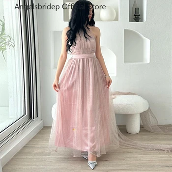 Angelsbrıdep Pembe A-line Abiye Glitter Tül Halter Elbiseler De Soirée Ayak Bileği Uzunluğu Dubai Vestidos De Gala Parti Elbiseler