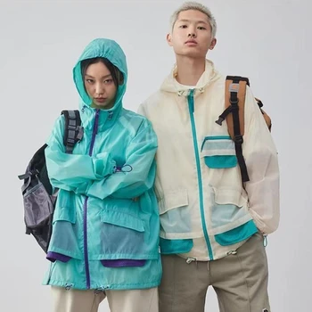 Moda İnce Kontrast Renk Fermuar Güneş Koruyucu Ceketler Yaz Gevşek Rahat Yüksek Sokak Kapüşonlu Ceket Palto Erkek Giysileri
