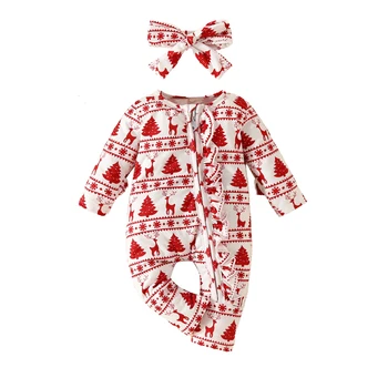Bebek Bebek Kız Noel Kıyafetleri Uzun Kollu Romper Ruffled Fermuar Tulum Kafa Bandı 2 Adet Giyim Seti