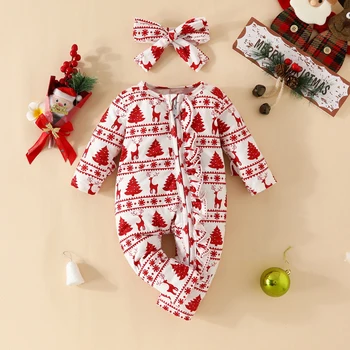 Bebek Bebek Kız Noel Kıyafetleri Uzun Kollu Romper Ruffled Fermuar Tulum Kafa Bandı 2 Adet Giyim Seti