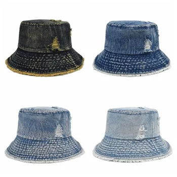 Denim Tarzı Balıkçı Şapka Kadın Erkek Yaz Sonbahar Pamuk Kova Şapka Yıkanmış Sıkıntılı Panama Kap Moda Bağbozumu Gorros